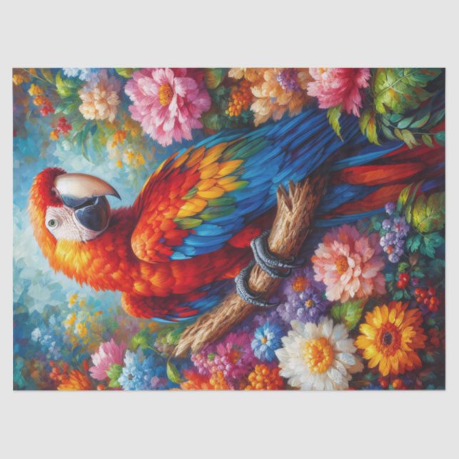 Macaw Parrot with Colorful Flowers Decoupage Tissue Paper (Front)