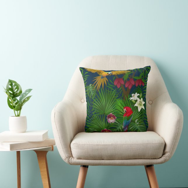 Macaw Parrots In Tropical Jungle Throw Pillow (Chair)