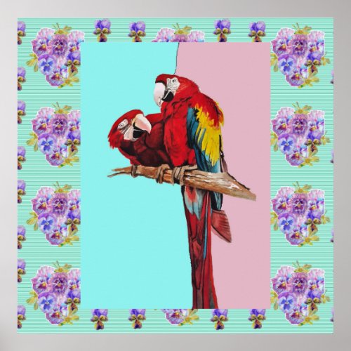 Macaw Watercolor Bird Painting Aqua Pink Poster