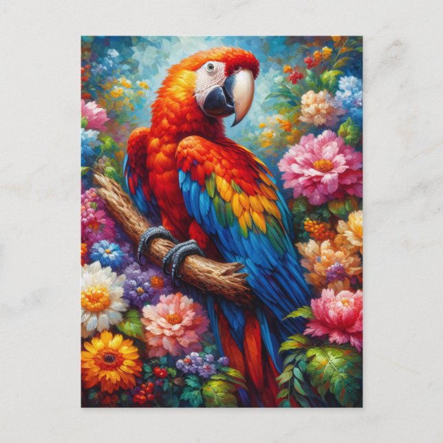 Macaw with Colorful Flowers Postcard (Front)