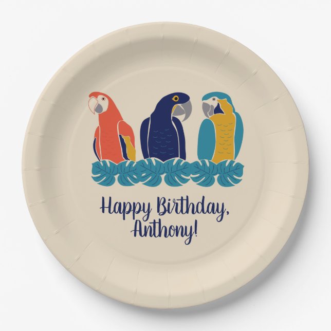 Macaws Illustrations Tropical Themed Party Paper Plates (Front)