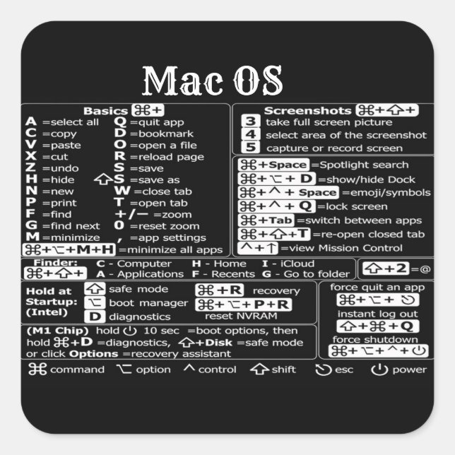 Macbook Mac OS shortcuts laptop cheat sheet Square Sticker (Front)