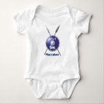 Maccabee Shield And Spears Baby Bodysuit<br><div class="desc">A depiction of a Maccabee's shield and two spears. The shield is adorned by a lion and text reading "Yisrael" (Israel) in the Paleo-Hebrew alphabet. "Maccabee" also appears in English. The Maccabees were Jewish rebels who freed Judea from the yoke of the Seleucid Empire. Chanukkah is not just a mid-winter...</div>