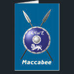 Maccabee Shield And Spears Card<br><div class="desc">A depiction of a Maccabee's shield and two spears. The shield is adorned by a lion and text reading "Yisrael" (Israel) in the Paleo-Hebrew alphabet. English text reading "Maccabee" also appears. The Maccabees were Jewish rebels who freed Judea from the yoke of the Seleucid Empire. Chanukkah is not just a...</div>