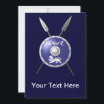 Maccabee Shield And Spears Cards<br><div class="desc">A depiction of a Maccabee's shield and two spears. The shield is adorned by a lion and text reading "Yisrael" (Israel) in the Paleo-Hebrew alphabet. The Maccabees were Jewish rebels who freed Judea from the yoke of the Seleucid Empire. Chanukkah is not just a mid-winter festival featuring candles and fried...</div>