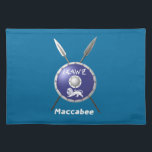Maccabee Shield And Spears Cloth Placemat<br><div class="desc">A depiction of a Maccabee's shield and two spears. The shield is adorned by a lion and text reading "Yisrael" (Israel) in the Paleo-Hebrew alphabet. English text reading "Maccabee" also appears. The Maccabees were Jewish rebels who freed Judea from the yoke of the Seleucid Empire. Chanukkah is not just a...</div>