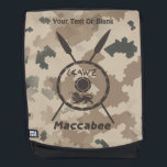 Maccabee Shield And Spears - Desert Backpack<br><div class="desc">A military brown "subdued" style depiction of a Maccabee's shield and two spears on a desert camo background. The shield is adorned by a lion and text reading "Yisrael" (Israel) in the Paleo-Hebrew alphabet. English text reading "Maccabee" also appears. Add your own additional text. The Maccabees were Jewish rebels who...</div>