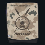 Maccabee Shield And Spears - Desert Backpack<br><div class="desc">A military brown "subdued" style depiction of a Maccabee's shield and two spears on a desert camo background. The shield is adorned by a lion and text reading "Yisrael" (Israel) in the Paleo-Hebrew alphabet. English text reading "Maccabee" also appears. Add your own additional text. The Maccabees were Jewish rebels who...</div>