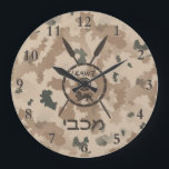 Maccabee Shield And Spears - Desert Large Clock<br><div class="desc">A military brown "subdued" style depiction of a Maccabee's shield and two spears on a desert camo background. The shield is adorned by a lion and text reading "Yisrael" (Israel) in the Paleo-Hebrew alphabet. Modern Hebrew text reading "Maccabee" also appears. The Maccabees were Jewish rebels who freed Judea from the...</div>