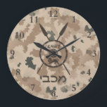 Maccabee Shield And Spears - Desert Large Clock<br><div class="desc">A military brown "subdued" style depiction of a Maccabee's shield and two spears on a desert camo background. The shield is adorned by a lion and text reading "Yisrael" (Israel) in the Paleo-Hebrew alphabet. Modern Hebrew text reading "Maccabee" also appears. The Maccabees were Jewish rebels who freed Judea from the...</div>