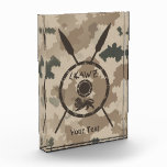 Maccabee Shield And Spears - Desert Photo Block<br><div class="desc">A military brown "subdued" style depiction of a Maccabee's shield and two spears on a desert camo background. The shield is adorned by a lion and text reading "Yisrael" (Israel) in the Paleo-Hebrew alphabet. Add your own additional text. The Maccabees were Jewish rebels who freed Judea from the yoke of...</div>