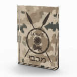 Maccabee Shield And Spears - Desert Photo Block<br><div class="desc">A military brown "subdued" style depiction of a Maccabee's shield and two spears on a desert camo background. The shield is adorned by a lion and text reading "Yisrael" (Israel) in the Paleo-Hebrew alphabet. Modern Hebrew text reading "Maccabee" also appears. The Maccabees were Jewish rebels who freed Judea from the...</div>