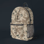 Maccabee Shield And Spears - Desert  Printed Backpack<br><div class="desc">A military brown "subdued" style depiction of a Maccabee's shield and two spears on a desert camo background. The shield is adorned by a lion and text reading "Yisrael" (Israel) in the Paleo-Hebrew alphabet. Modern Hebrew text reading "Maccabee" also appears. Customize by adding your own additional text on the reverse...</div>