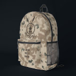 Maccabee Shield And Spears - Desert  Printed Backpack<br><div class="desc">A military brown "subdued" style depiction of a Maccabee's shield and two spears on a desert camo background. The shield is adorned by a lion and text reading "Yisrael" (Israel) in the Paleo-Hebrew alphabet. Hebrew text reading "Maccabee" also appears. Customize by adding your own additional text. The Maccabees were Jewish...</div>