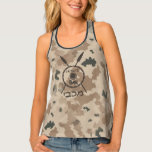 Maccabee Shield And Spears - Desert Tank Top<br><div class="desc">A military brown "subdued" style depiction of a Maccabee's shield and two spears on a desert camo background. The shield is adorned by a lion and text reading "Yisrael" (Israel) in the Paleo-Hebrew alphabet. Modern Hebrew text reading "Maccabee" also appears. The Maccabees were Jewish rebels who freed Judea from the...</div>