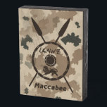 Maccabee Shield And Spears - Desert Wooden Box Sign<br><div class="desc">A military brown "subdued" style depiction of a Maccabee's shield and two spears on a desert camo background. The shield is adorned by a lion and text reading "Yisrael" (Israel) in the Paleo-Hebrew alphabet. English text reading "Maccabee" also appears. The Maccabees were Jewish rebels who freed Judea from the yoke...</div>