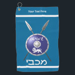 Maccabee Shield And Spears Golf Towel<br><div class="desc">A depiction of a Maccabee's shield and two spears. The shield is adorned by a lion and text reading "Yisrael" (Israel) in the Paleo-Hebrew alphabet. Modern Hebrew text reading "Maccabee" also appears. You may add your own additional text. The Maccabees were Jewish rebels who freed Judea from the yoke of...</div>