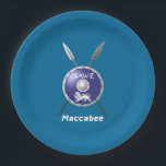 Maccabee Shield And Spears Paper Plates<br><div class="desc">For your Chanukkah party. A depiction of a Maccabee's shield and two spears. The shield is adorned by a lion and text reading "Yisrael" (Israel) in the Paleo-Hebrew alphabet. English text reading "Maccabee" also appears. Customizable text reading "Happy Chanukkah! appears on the reverse side. The Maccabees were Jewish rebels who...</div>