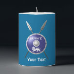Maccabee Shield And Spears Pillar Candle<br><div class="desc">A depiction of a Maccabee's shield and two spears. The shield is adorned by a lion and text reading "Yisrael" (Israel) in the Paleo-Hebrew alphabet. Add your own text The Maccabees were Jewish rebels who freed Judea from the yoke of the Seleucid Empire. Chanukkah is not just a mid-winter festival...</div>