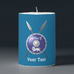 Maccabee Shield And Spears Pillar Candle<br><div class="desc">A depiction of a Maccabee's shield and two spears. The shield is adorned by a lion and text reading "Yisrael" (Israel) in the Paleo-Hebrew alphabet. Add your own text The Maccabees were Jewish rebels who freed Judea from the yoke of the Seleucid Empire. Chanukkah is not just a mid-winter festival...</div>