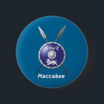 Maccabee Shield And Spears Pinback Button<br><div class="desc">A depiction of a Maccabee's shield and two spears. The shield is adorned by a lion and text reading "Yisrael" (Israel) in the Paleo-Hebrew alphabet. English text reading "Maccabee" also appears. The Maccabees were Jewish rebels who freed Judea from the yoke of the Seleucid Empire. Chanukkah is not just a...</div>