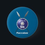 Maccabee Shield And Spears Pinback Button<br><div class="desc">A depiction of a Maccabee's shield and two spears. The shield is adorned by a lion and text reading "Yisrael" (Israel) in the Paleo-Hebrew alphabet. English text reading "Maccabee" also appears. The Maccabees were Jewish rebels who freed Judea from the yoke of the Seleucid Empire. Chanukkah is not just a...</div>