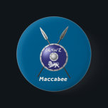 Maccabee Shield And Spears Pinback Button<br><div class="desc">A depiction of a Maccabee's shield and two spears. The shield is adorned by a lion and text reading "Yisrael" (Israel) in the Paleo-Hebrew alphabet. English text reading "Maccabee" also appears. The Maccabees were Jewish rebels who freed Judea from the yoke of the Seleucid Empire. Chanukkah is not just a...</div>