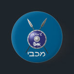 Maccabee Shield And Spears Pinback Button<br><div class="desc">A depiction of a Maccabee's shield and two spears. The shield is adorned by a lion and text reading "Yisrael" (Israel) in the Paleo-Hebrew alphabet. "Maccabee" also appears in modern Hebrew. The Maccabees were Jewish rebels who freed Judea from the yoke of the Seleucid Empire. Chanukkah is not just a...</div>