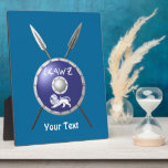 Maccabee Shield And Spears Plaque<br><div class="desc">Chag Sameach! A depiction of a Maccabee's shield and two spears. The shield is adorned by a lion and text reading "Yisrael" (Israel) in the Paleo-Hebrew alphabet. Add your own text. The Maccabees were Jewish rebels who freed Judea from the yoke of the Seleucid Empire. Chanukkah is not just a...</div>