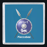 Maccabee Shield And Spears Silver Finish Lapel Pin<br><div class="desc">A depiction of a Maccabee's shield and two spears. The shield is adorned by a lion and text reading "Yisrael" (Israel) in the Paleo-Hebrew alphabet. English text reading "Maccabee" also appears. The Maccabees were Jewish rebels who freed Judea from the yoke of the Seleucid Empire. Chanukkah is not just a...</div>