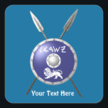 Maccabee Shield And Spears Square Sticker<br><div class="desc">A depiction of a Maccabee's shield and two spears. The shield is adorned by a lion and text reading "Yisrael" (Israel) in the Paleo-Hebrew alphabet. Add your own text The Maccabees were Jewish rebels who freed Judea from the yoke of the Seleucid Empire. Chanukkah is not just a mid-winter festival...</div>
