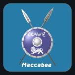 Maccabee Shield And Spears Square Sticker<br><div class="desc">Chag Sameach! A depiction of a Maccabee's shield and two spears. The shield is adorned by a lion and text reading "Yisrael" (Israel) in the Paleo-Hebrew alphabet. English text reading, "Maccabee" also appears. The Maccabees were Jewish rebels who freed Judea from the yoke of the Seleucid Empire. Chanukkah is not...</div>