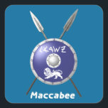 Maccabee Shield And Spears Square Sticker<br><div class="desc">Chag Sameach! A depiction of a Maccabee's shield and two spears. The shield is adorned by a lion and text reading "Yisrael" (Israel) in the Paleo-Hebrew alphabet. English text reading, "Maccabee" also appears. The Maccabees were Jewish rebels who freed Judea from the yoke of the Seleucid Empire. Chanukkah is not...</div>