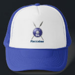Maccabee Shield And Spears Trucker Hat<br><div class="desc">A depiction of a Maccabee's shield and two spears. The shield is adorned by a lion and text reading "Yisrael" (Israel) in the Paleo-Hebrew alphabet. English text reading "Maccabee" also appears. The Maccabees were Jewish rebels who freed Judea from the yoke of the Seleucid Empire. Chanukkah is not just a...</div>