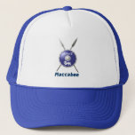 Maccabee Shield And Spears Trucker Hat<br><div class="desc">A depiction of a Maccabee's shield and two spears. The shield is adorned by a lion and text reading "Yisrael" (Israel) in the Paleo-Hebrew alphabet. English text reading "Maccabee" also appears. The Maccabees were Jewish rebels who freed Judea from the yoke of the Seleucid Empire. Chanukkah is not just a...</div>