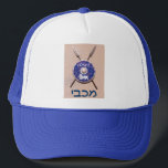 Maccabee Shield And Spears Trucker Hat<br><div class="desc">A depiction of a Maccabee's shield and two spears hanging on a wall. Battle worn and rusty, but still serviceable. The shield is adorned by a lion and text reading "Yisrael" (Israel) in the Paleo-Hebrew alphabet. "Maccabee" also appears in modern Hebrew. The Maccabees were Jewish rebels who freed Judea from...</div>