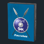 Maccabee Shield And Spears Wooden Box Sign<br><div class="desc">Chag Sameach! A depiction of a Maccabee's shield and two spears. The shield is adorned by a lion and text reading "Yisrael" (Israel) in the Paleo-Hebrew alphabet. Text reading, "Maccabee" also appears. The Maccabees were Jewish rebels who freed Judea from the yoke of the Seleucid Empire. Chanukkah is not just...</div>