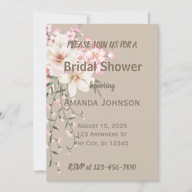 Macchiato Brown Pink Cherry Blossoms Bridal Shower Invitation (Front)
