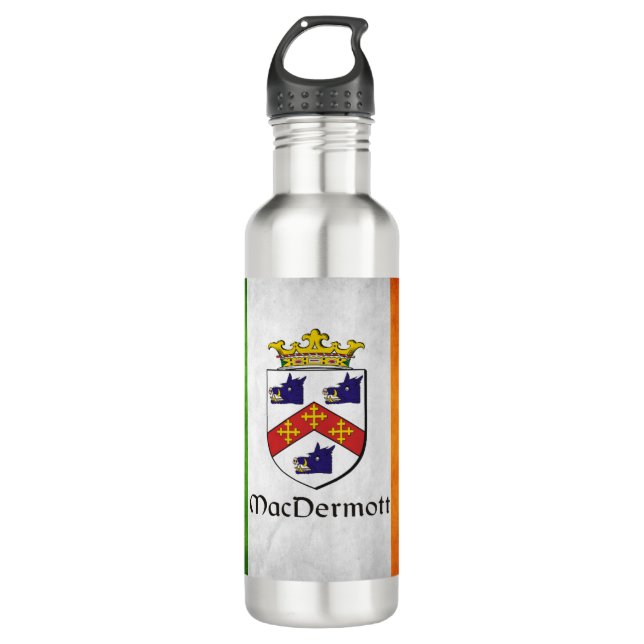 MacDermott Family Crest on Irish Flag  Stainless Steel Water Bottle (Front)