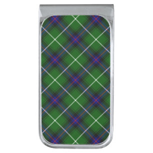 MacDonald tartan green blue plaid Silver Finish Money Clip