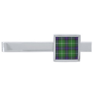 MacDonald tartan green blue plaid Silver Finish Tie Clip