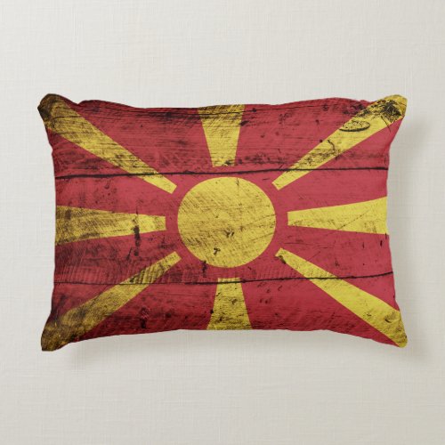 Macedonia Flag on Old Wood Grain Decorative Pillow