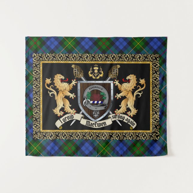 MacEwen Clan Badge & Motto w/Lions  Tapestry (Front (Horizontal))