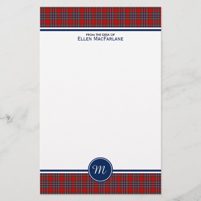 MacFarlane Clan Tartan Red and Blue Plaid Monogram Stationery (Front)