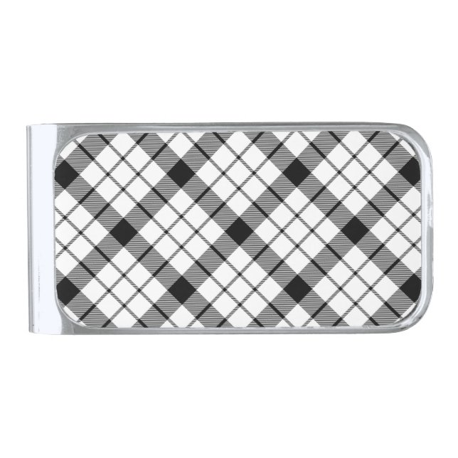 MacFarlane tartan black white plaid Silver Finish Money Clip (Front)