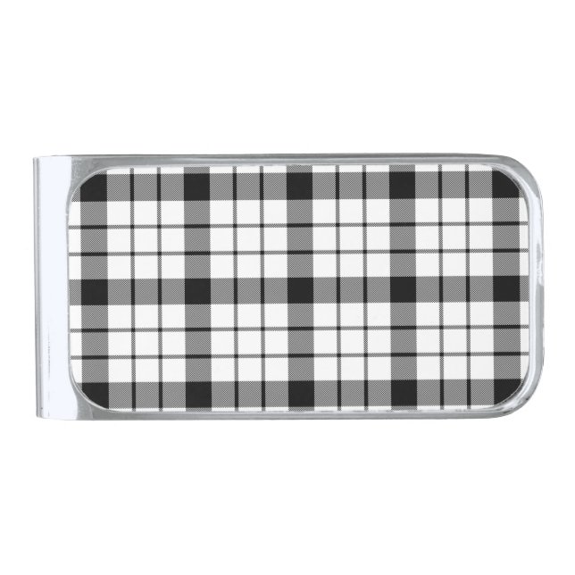 MacFarlane tartan black white plaid Silver Finish Money Clip (Front)