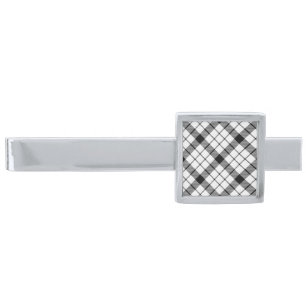 MacFarlane tartan black white plaid Silver Finish Tie Bar