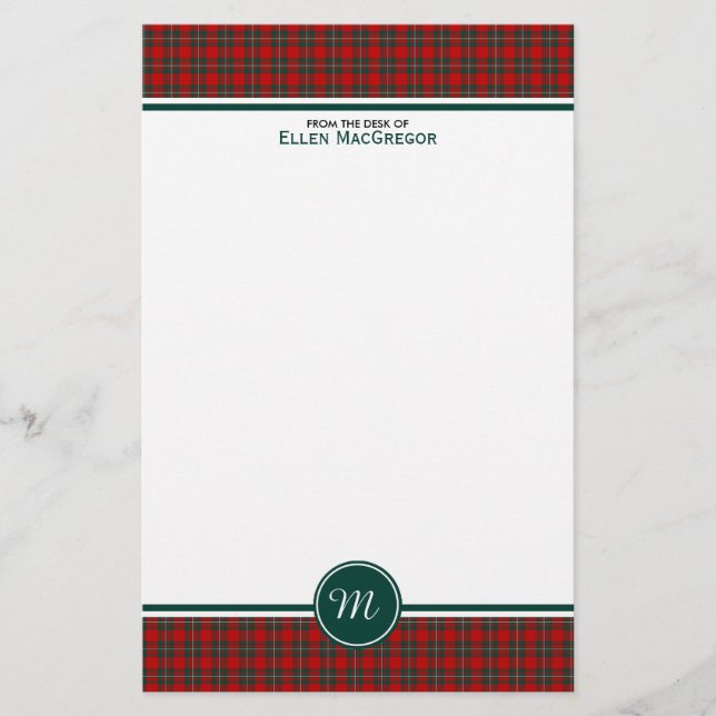 MacGregor Clan Tartan Red and Green Plaid Monogram Stationery (Front)