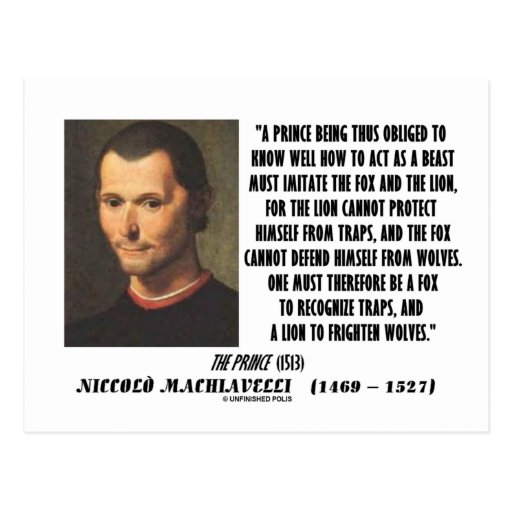 Machiavelli Prince Imitate Fox and the Lion Quote Postcard | Zazzle