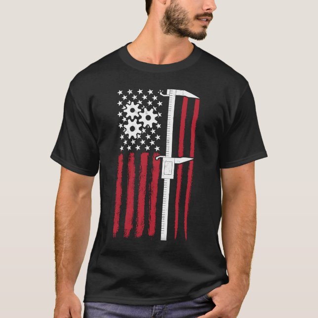 Machine Caliper  Machinist American Flag Tools Dia T-Shirt (Front)
